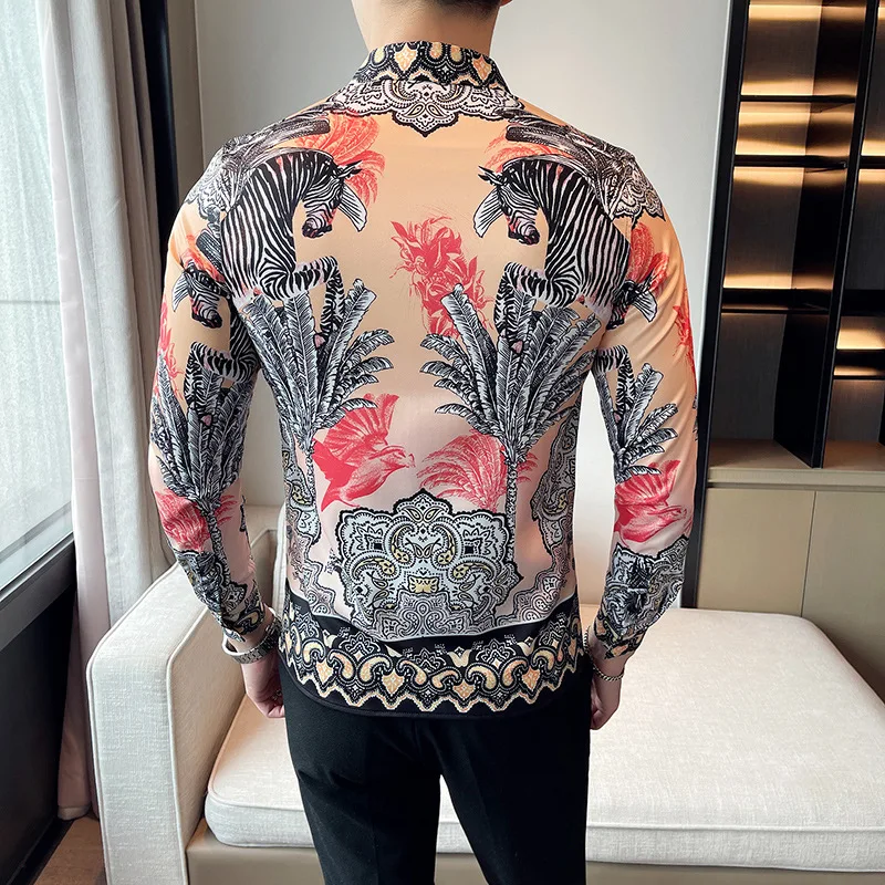 Luxury Vintage Printed Men\'s Shirt Long Sleeve Slim Fit Casual Business Dress Shirt Social Streetwear Party Tuxedo Blouse 4XL-M