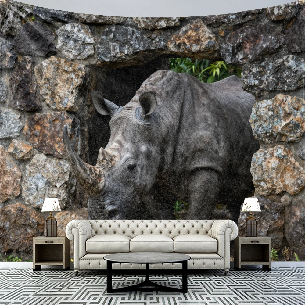 Stone wall rhinoceros tapestry 2D printing machine wash suitable for bedroom, study, living room wall decoration
