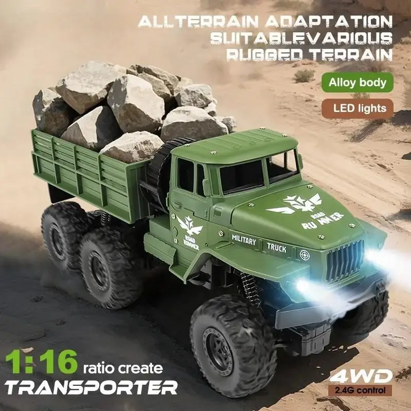 

Радиоуправляемый военный грузовик 2.4G 1:16 из сплава, 6WD, со светодиодами, для бездорожья, модель внедорожной игрушечной машины для детей