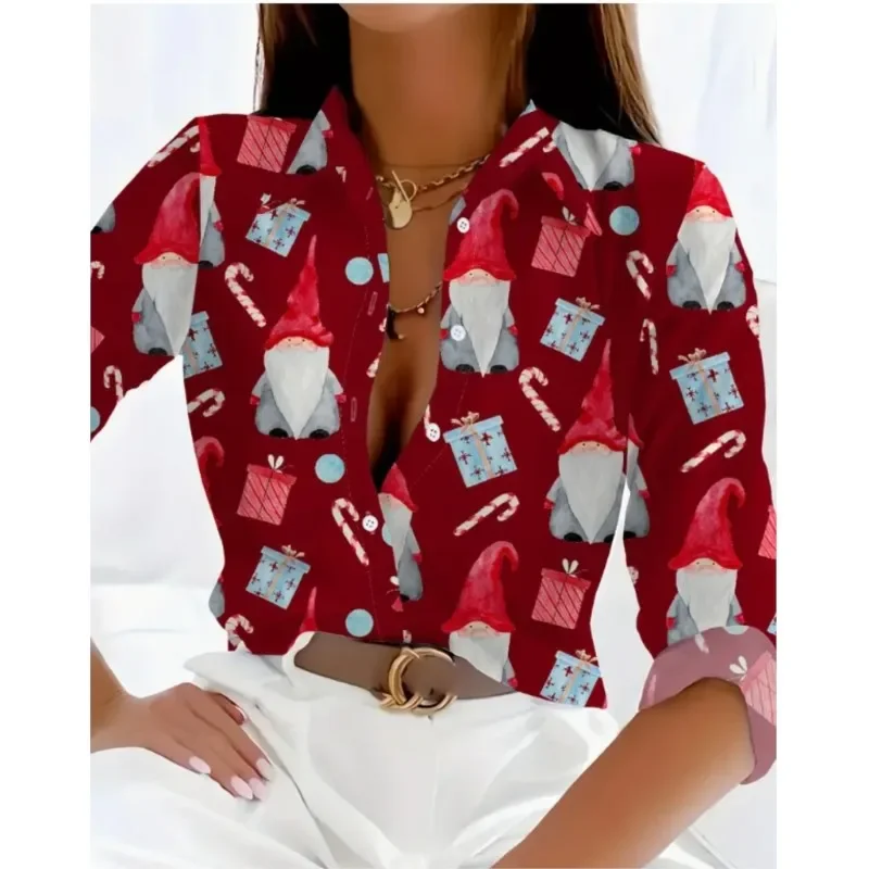 New Christmas Style Womens Long Sleeve Shirts Fashion Street Clothing Autumn Tops Christmas Santa Claus Snowman Shirts Ladies