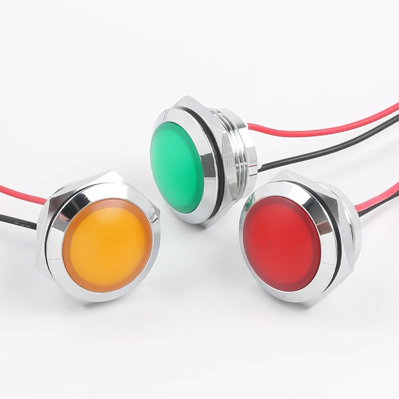 Indicatore LED in metallo Testa a sfera da 19 mm Tipo corto con filo Luce di segnale di alimentazione ad alta luminosità, impermeabile 24 V