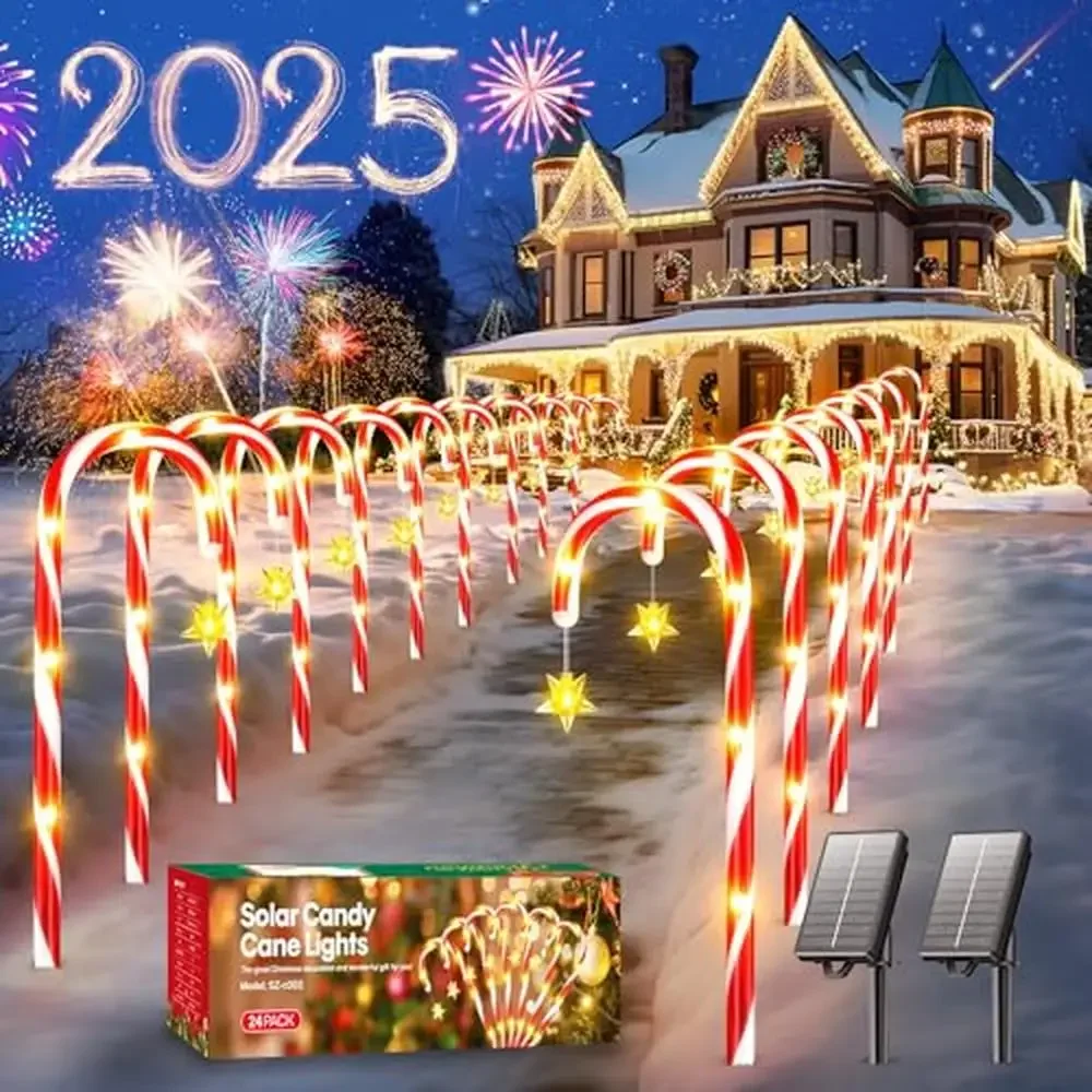 Outdoor Christmas Decorations 24Pack Solar Candy Cane Lights 10 Modes Solar & USB Charging Bright LED Sparkle Stars Waterproof