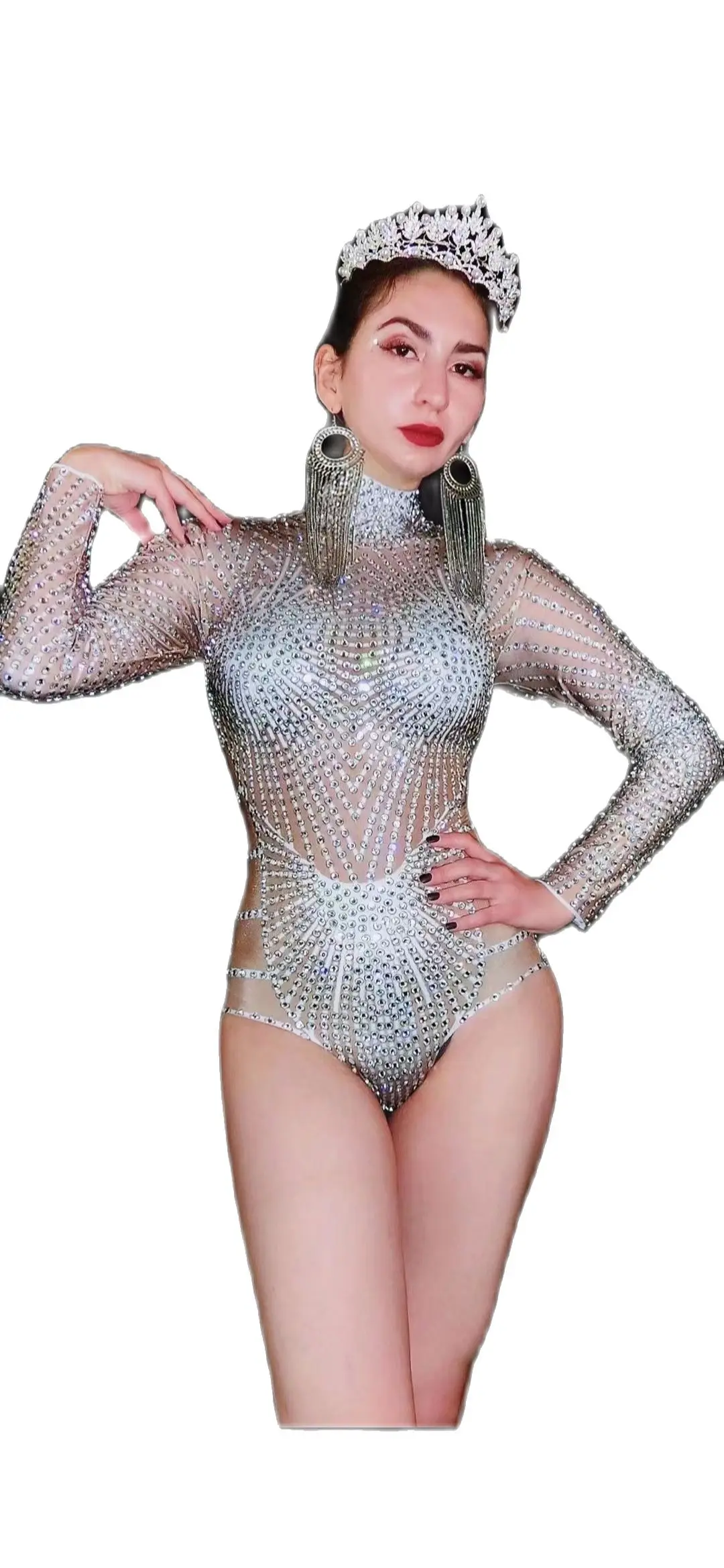 

Performance clothes, nightclubs, bars, female singers, full diamond five degree printed hollowed out long sleeved high fork seri