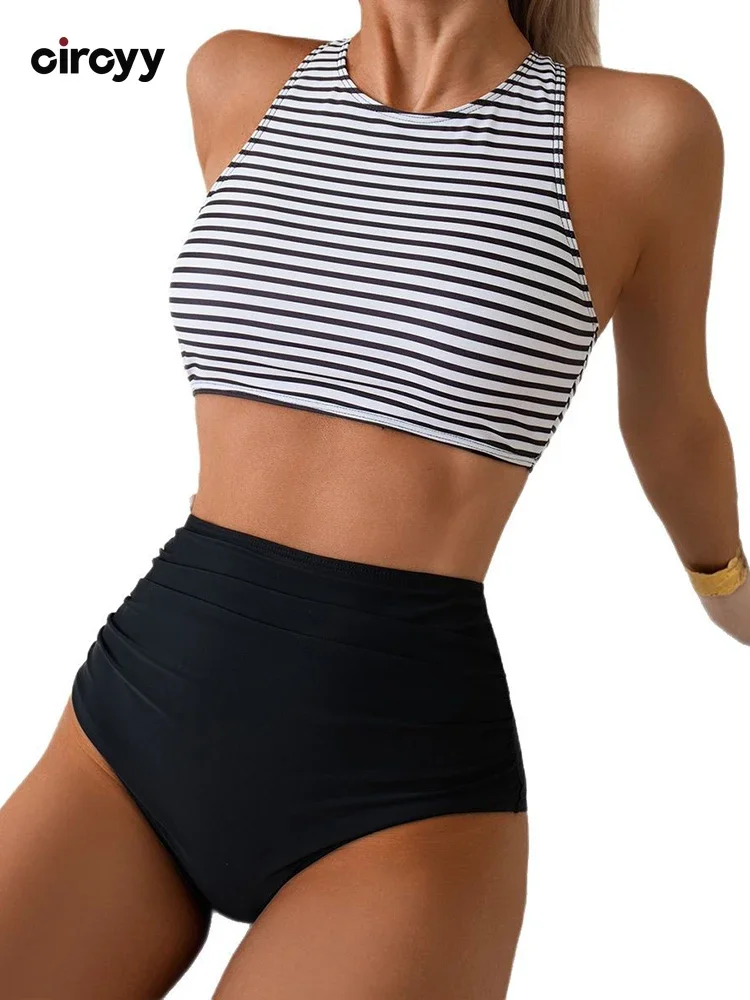 

Circyy Striped Bathing Suit Women Fashion Two-pieces Swimwear High Waisted Solid Bikini Set Summer 2025 New Holiday Beachwear