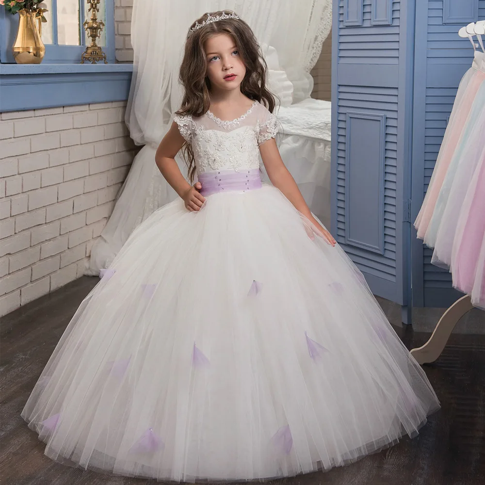 Applique Flower Girl Dress For Wedding Lace White Floor Length With Bow Kids Birthday Ball Gowns First Communion Dress