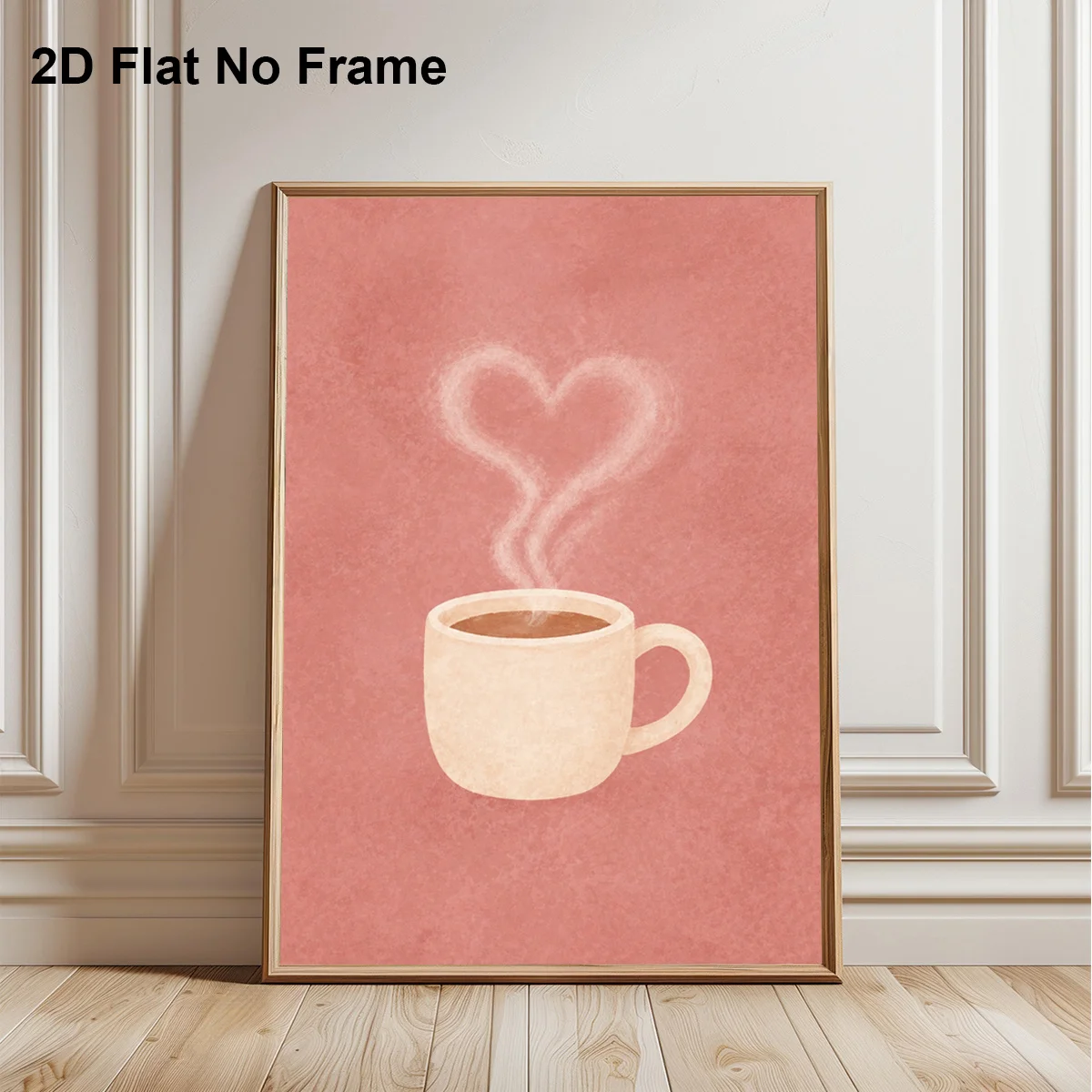 2D Flat, 2D Flat, 1pc Frameless Canvas Poster, Minimalist Coffee Cup with Heart Shaped Steam on Warm Pink Background, Cozy Ar