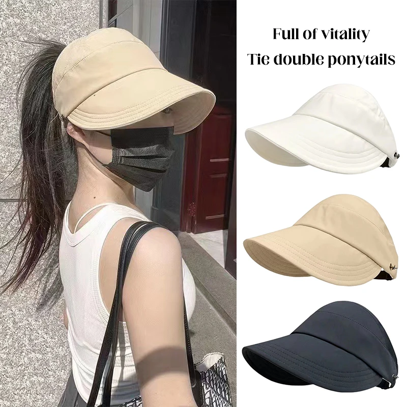 Quick Dry Hat Summer Empty Cap Sun Visor Hat Adjustable Large Brim Ponytail Empty Top Beach Hat for Summer Spring Fall Beach