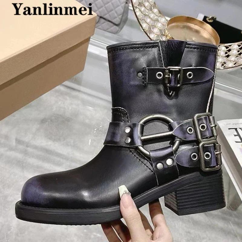 Suede Leather Motorcycle Boots Women Round Toe Slip-On Ankle Boots Punk Shoes Metal Belt Buckle Short Boots For Woman Botas Muje