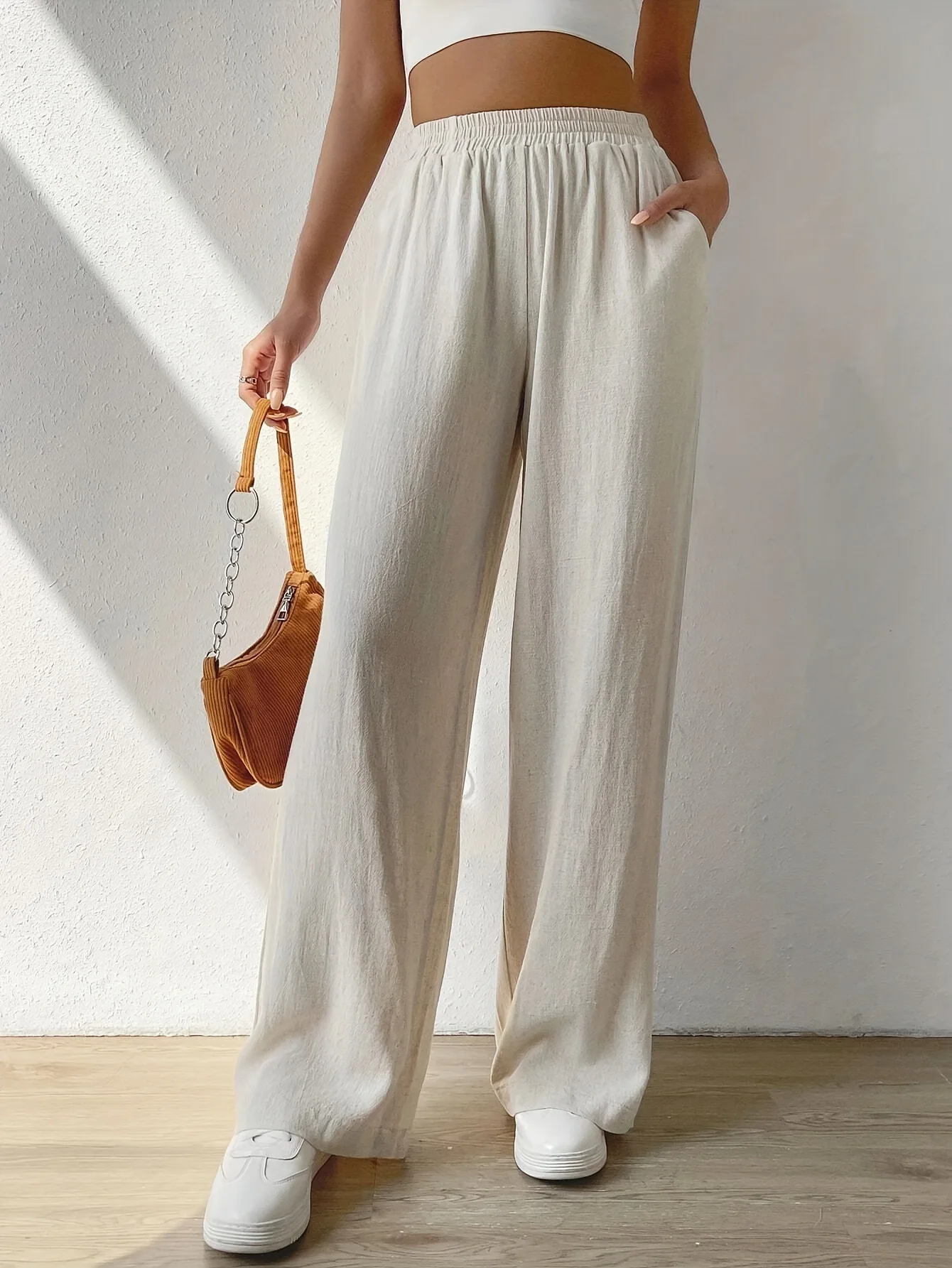 Women's Spring and Summer New Fashion White Casual Wide Leg Pants, Elastic Waist Slim-fit Straight Barrel Solid Color Long Pants