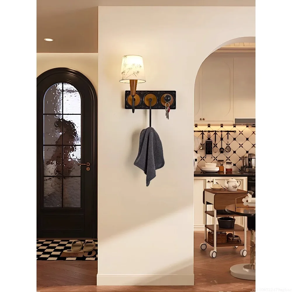 Mid-Century Modern Exquisite Wall Lamp with Walnut Tone, Fabric & Bamboo Print