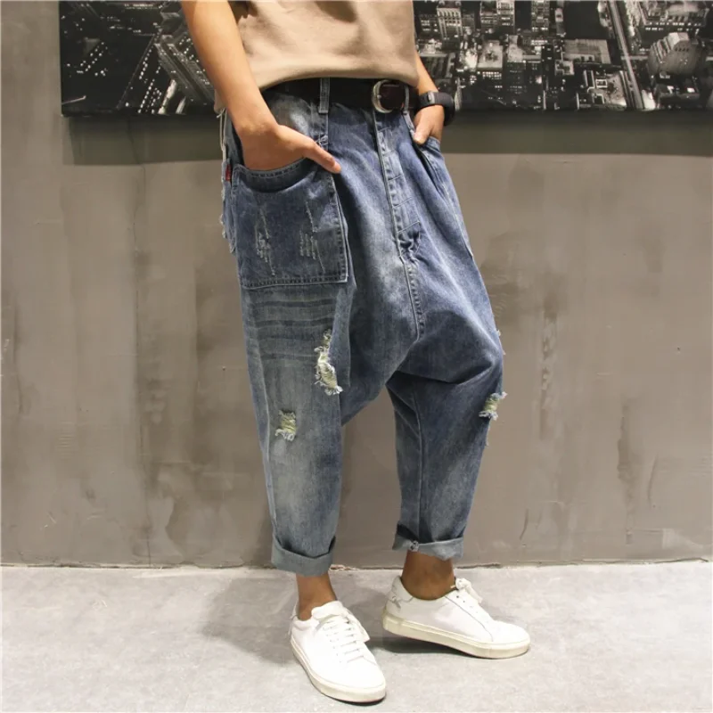 Summer blue Drop Crotch denim pants Male Streetwear dance baggy cross trousers Men Loose Skateboard Ripped Sagging jeans FSH21