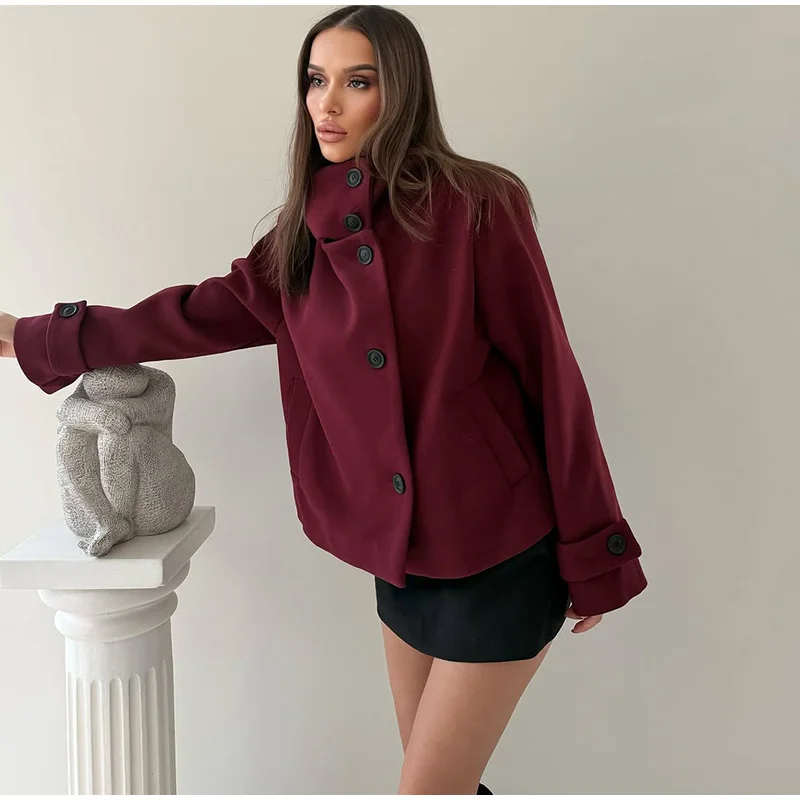 2026 Neuankömmling Damen Einfarbiger Mantel Langarm Knopfverschluss Stehkragen Oberbekleidung Tägliche Pendlermode Schicke Damenjacke – Detail 11