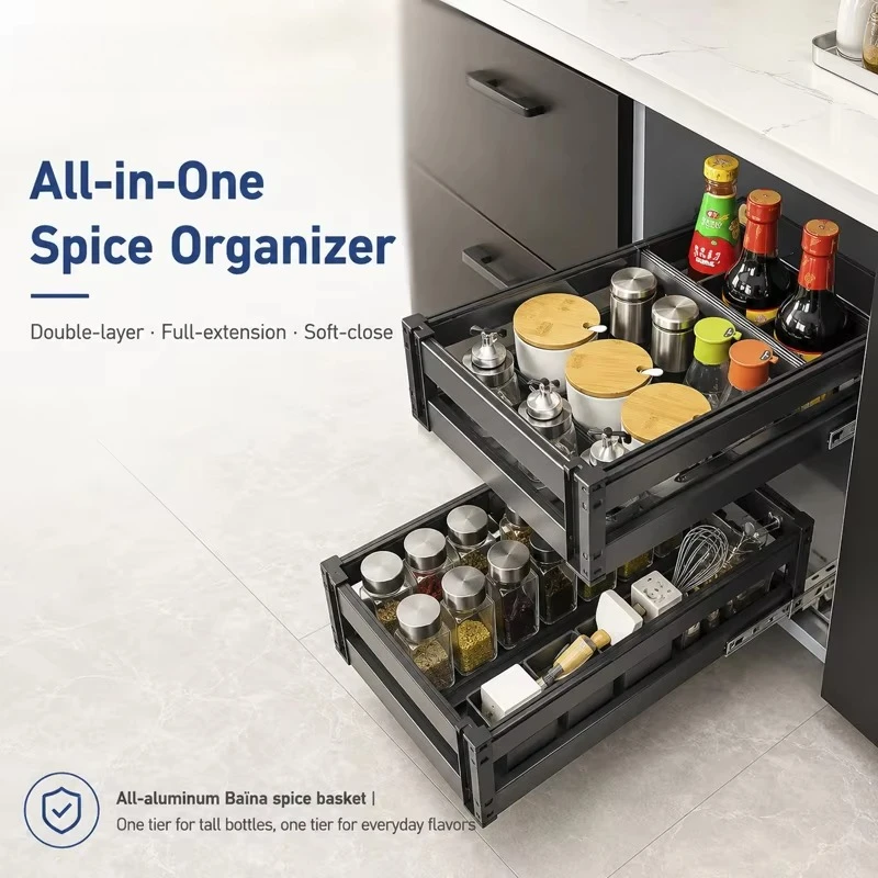 Kitchen Pull Out Basket Aluminum Alloy Spice Rack Organizer Double Layer Drawer Storage For 300-450mm Cabinet
