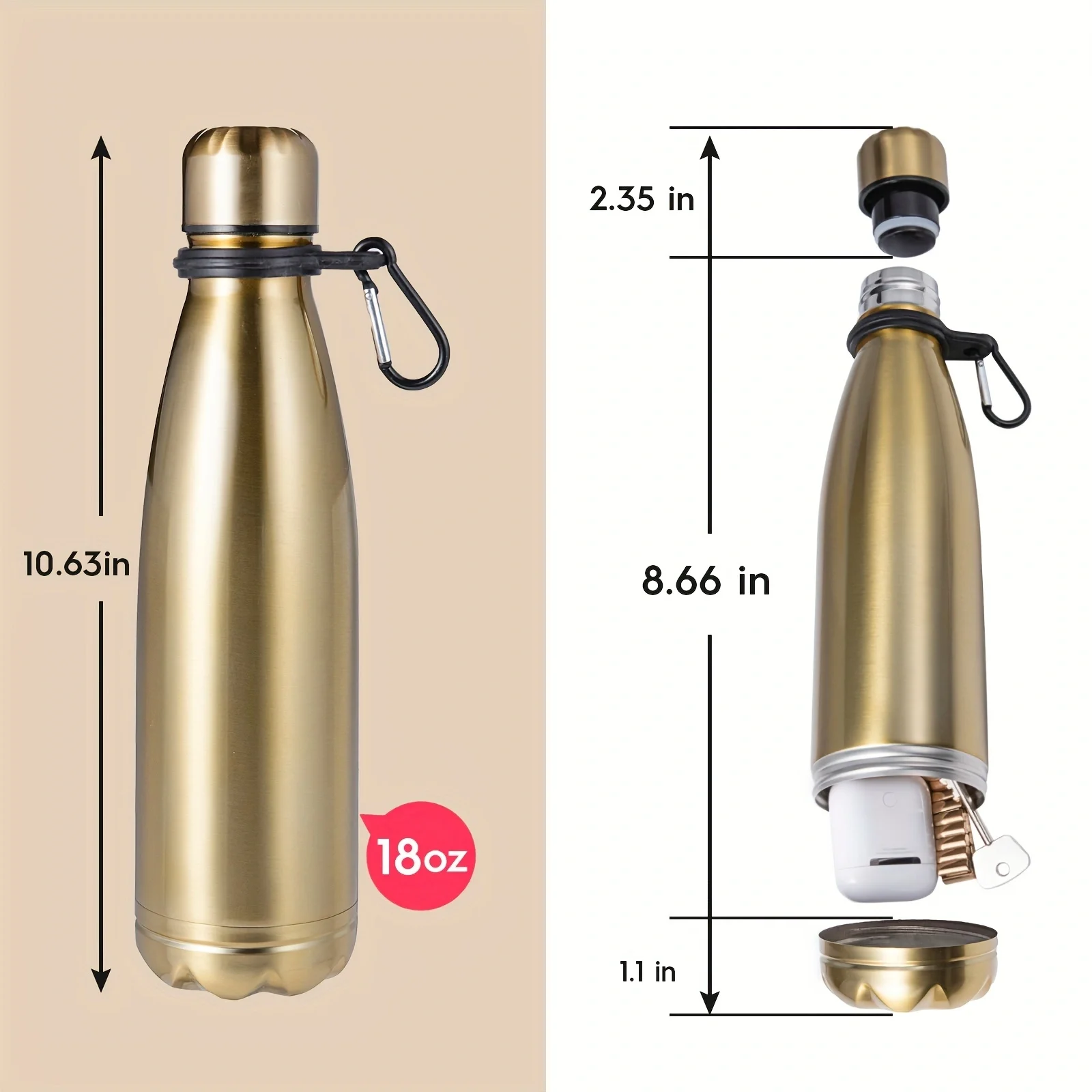 Diversion Safe Stainless Steel Water Bottle with Hidden Compartment Storage