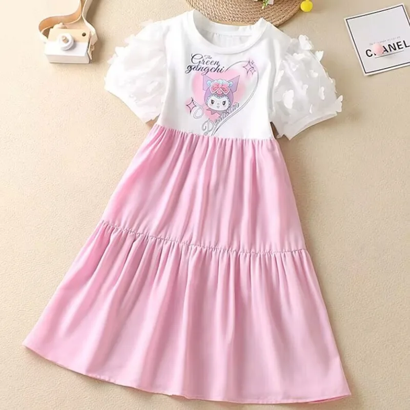 Sanrio Kuromi gaun anak perempuan lengan pendek musim panas gaun putri kartun pakaian pesta ulang tahun anak-anak kaus lucu kasual atasan