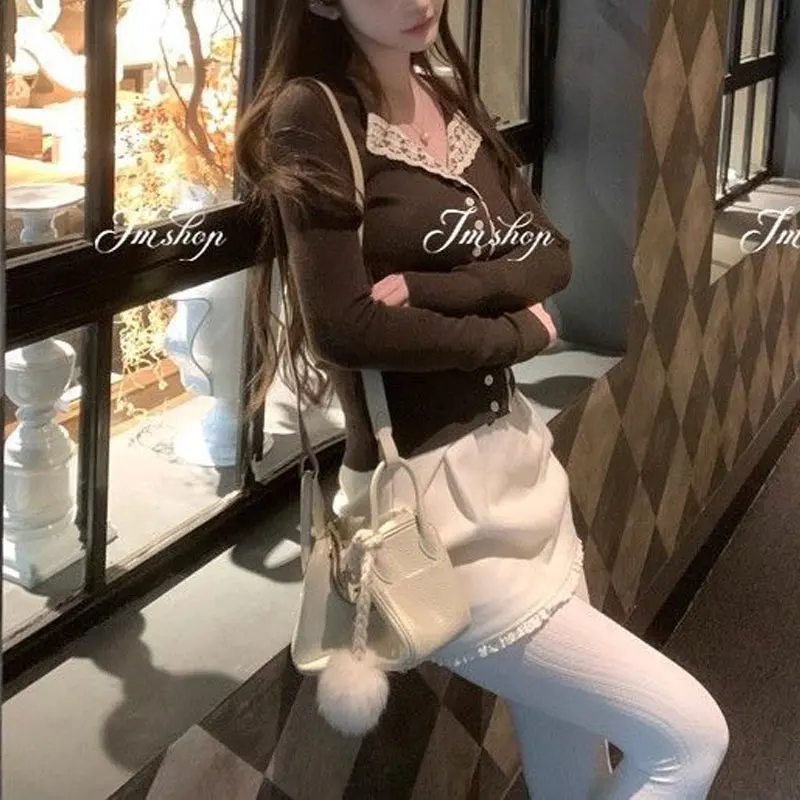 Vintage Spitze Gespleißt Strickjacke Herbst Winter Halb Offenen Kragen Hotsweet frauen Kleidung Einfarbig Langarm Pullover