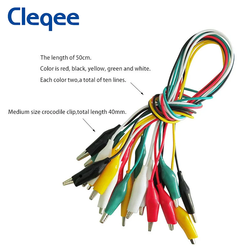 Cleqee P1025 10 قطعة مقاطع التمساح المزدوج اختبار الرصاص عدة مزدوجة نهاية التمساح كليب الكهربائية لتقوم بها بنفسك كابل 50 سنتيمتر سلك