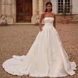 Lceland Poppy Customized A Line Strapless Satin Wedding Dresses 2024 Sleeveless Beaded Bridal Gowns with Pockets