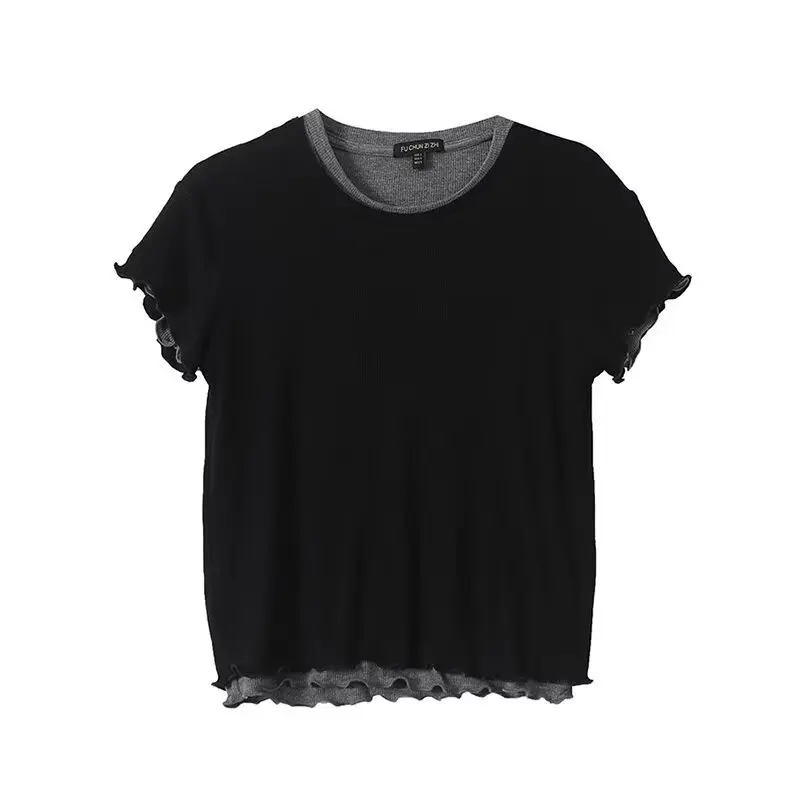 Primavera Estate Nuova T-shirt da donna Giuntura per orecchie in legno rotonda Ne ort Sve Pendolarismo Sle Stagione estiva Lunghezza regolare