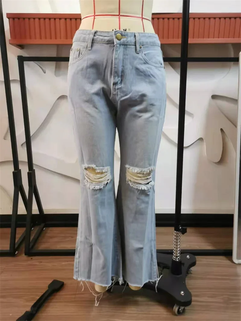 Women Knees Broken Holes Flared Jeans High Waist Denim Trousers Female Washable Floor-length Pants New Fashion Casual Streetwear