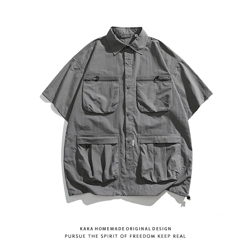 

Retro Japanese Streetwear Loose Fit Quick Dry Multi-Pocket Outdoor Workwear Short Sleeve Shirt Summer Water-Resistant Functio...