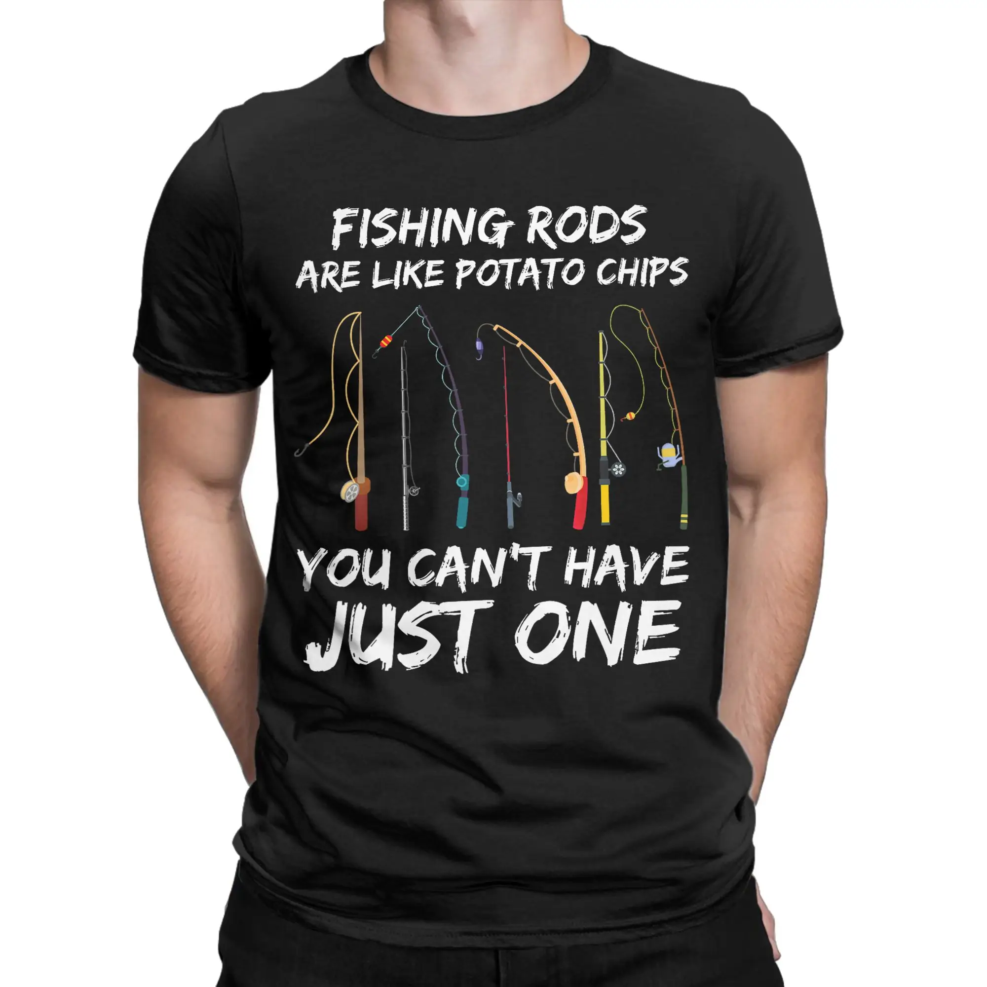 Hipster Fishing Rods Are Like Potato Chips T-Shirt Men Round Neck Pure Cotton T Shirts  Short Sleeve Tees Summer Clothing