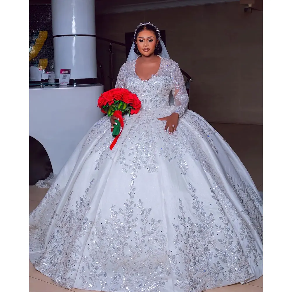 Cristais brancos frisada Africano Noiva Vestidos de Casamento, mangas compridas, O Neck, Renda Rhinestone, vestido de baile formal nupcial, Plus Size, 2024