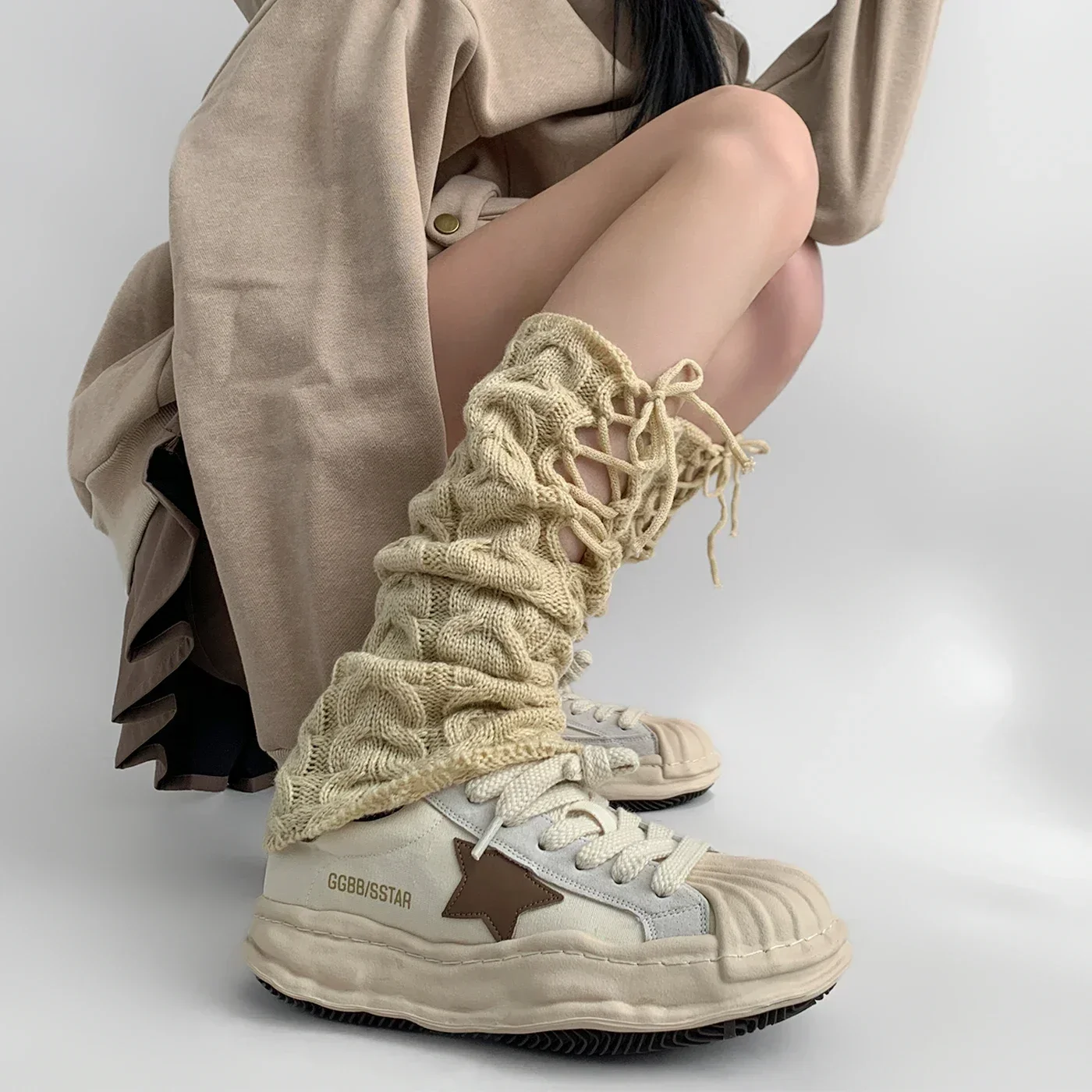 

Women's Knitted Leggings Strappy Long Calf Socks Y2K Women Leg Warmers Winter Warm Thickened Calf Socks Harajuku JK Leg Covers
