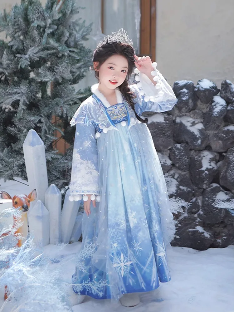 فستان مبطن شتوي دافئ للفتيات جديد لعام 2025 مع عباءة للأطفال الجنية القديمة أداء زي الأطفال بدلة تانغ ملابس السنة الجديدة