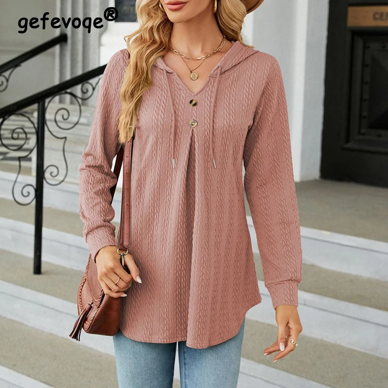 New Autumn and Winter Women Trendy V Neck Hooded Sweatshirts Elegant Solid Long Sleeve Loose Tunic Tops Y2K Female Casual Hoodie