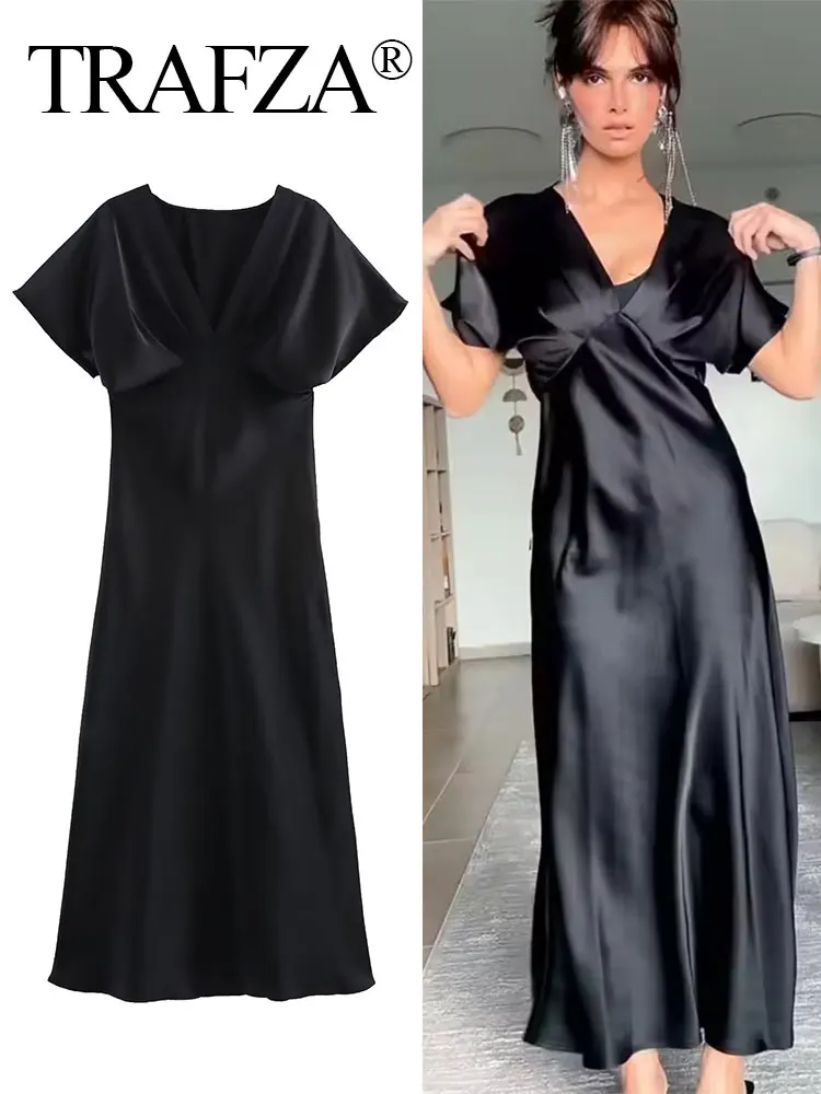 캐주얼 여성용 솔리드 드레스 실크 질감 브이넥 반팔 루즈핏 미디 드레스 2025 여름 시크 엘레강스 여성 새틴 드레스