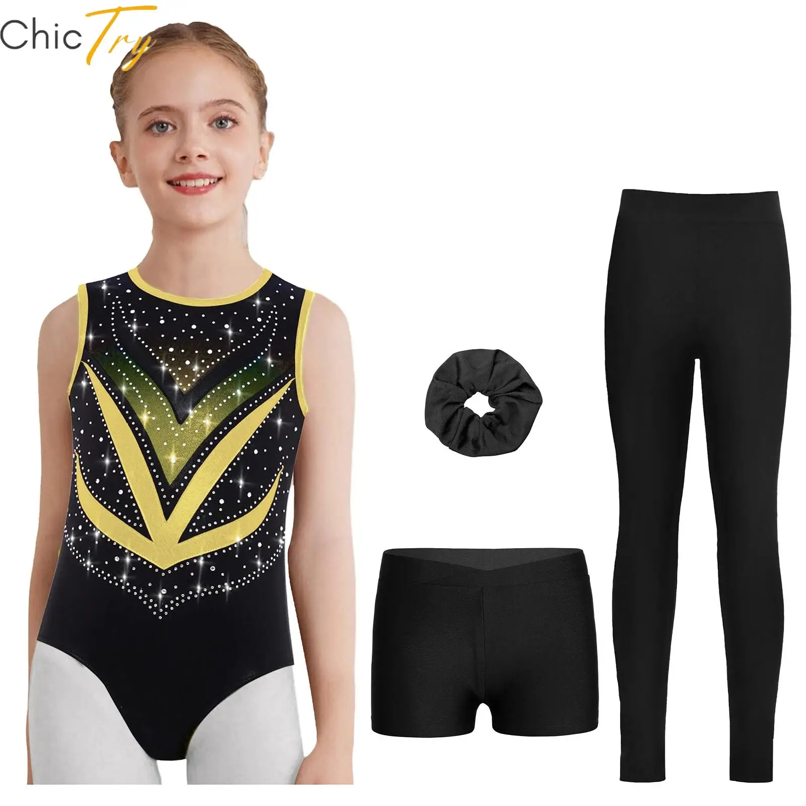 Kinder Mädchen Ballett Gymnastik Sets Sport Eiskunstlauf Tanz Outfit mit Strasssteinen Ärmelloses Trikot und Shorts Leggings