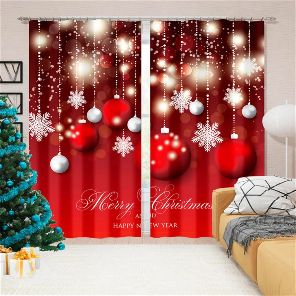 Cartoon Christmas Happy New Year Star Red Ball Window Curtains Blinds for Living Room Bedroom Kitchen Door Home Decor 2 Panels