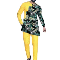 African Clothes Bright Men's Sets Patchwork Tops With Pure Yellow Pant Nigerian Fashion Male Tailor Made Wedding Garments