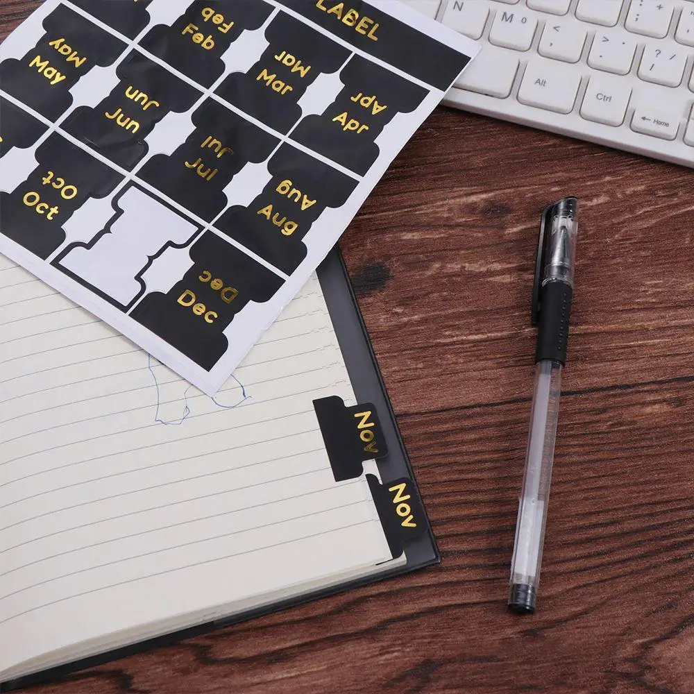 12 ชิ้นสีดํากาวสติกเกอร์รายเดือนเครื่องเขียนศึกษารายเดือนวางแผนดัชนีแท็บกันน้ําแท็บดัชนีสติกเกอร์