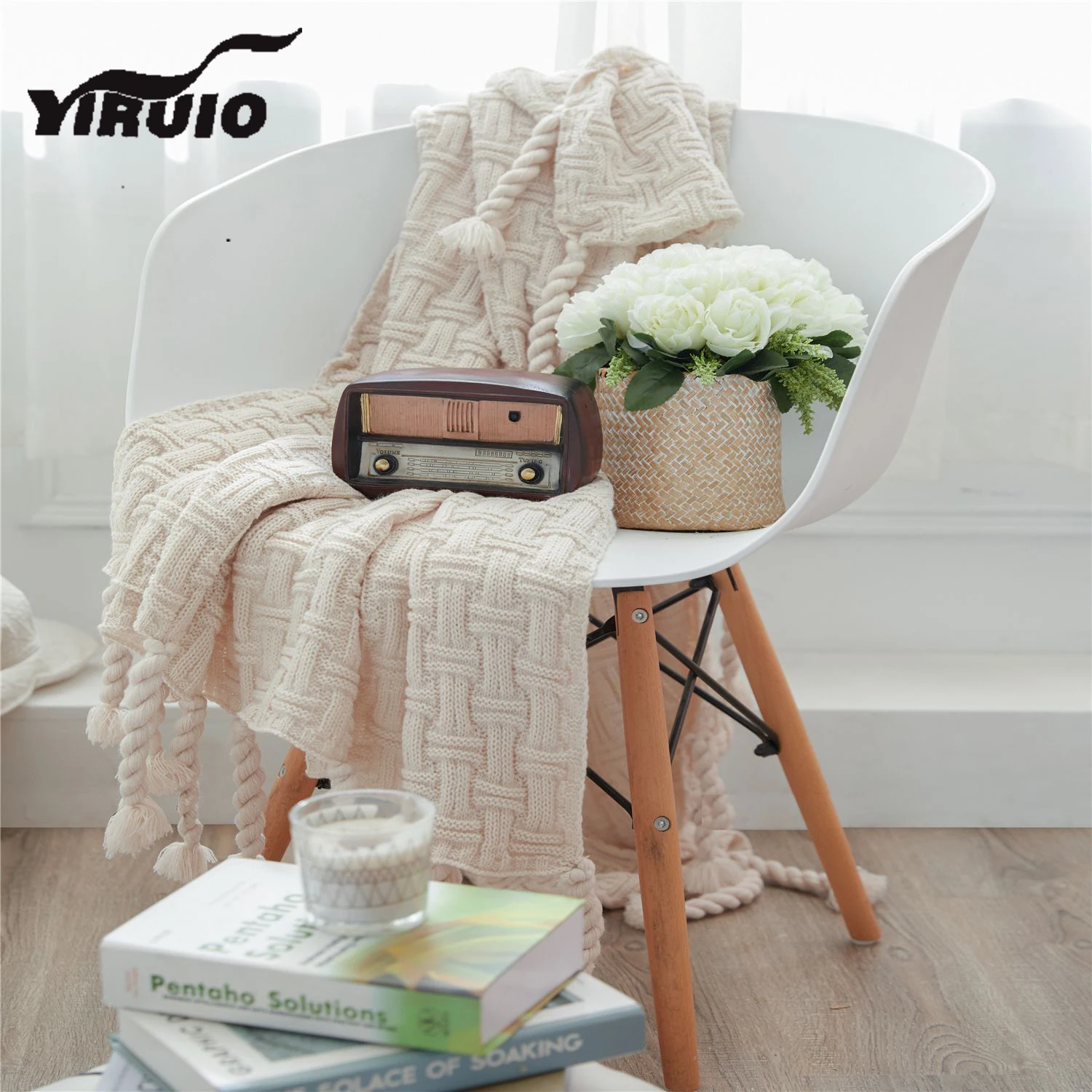 YIRUIO Cute Chic Cross Stripe Fringes Throw Blanket Beige,Gray,Pink,Brown,White,Decorative Acrylic Wearable Home Office Blanket