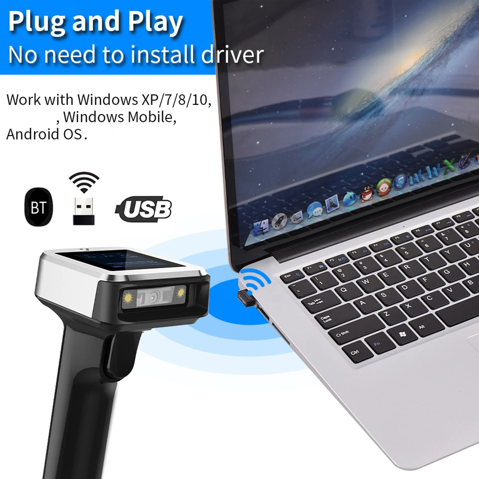 2D 1D QR-Barcode-Scanner mit Bildschirmanzeige mit Ladestation, 3-in-1-BT- und 2,4 GHz kabellose und kabelgebundene Verbindung, 1,8 Zoll TFT