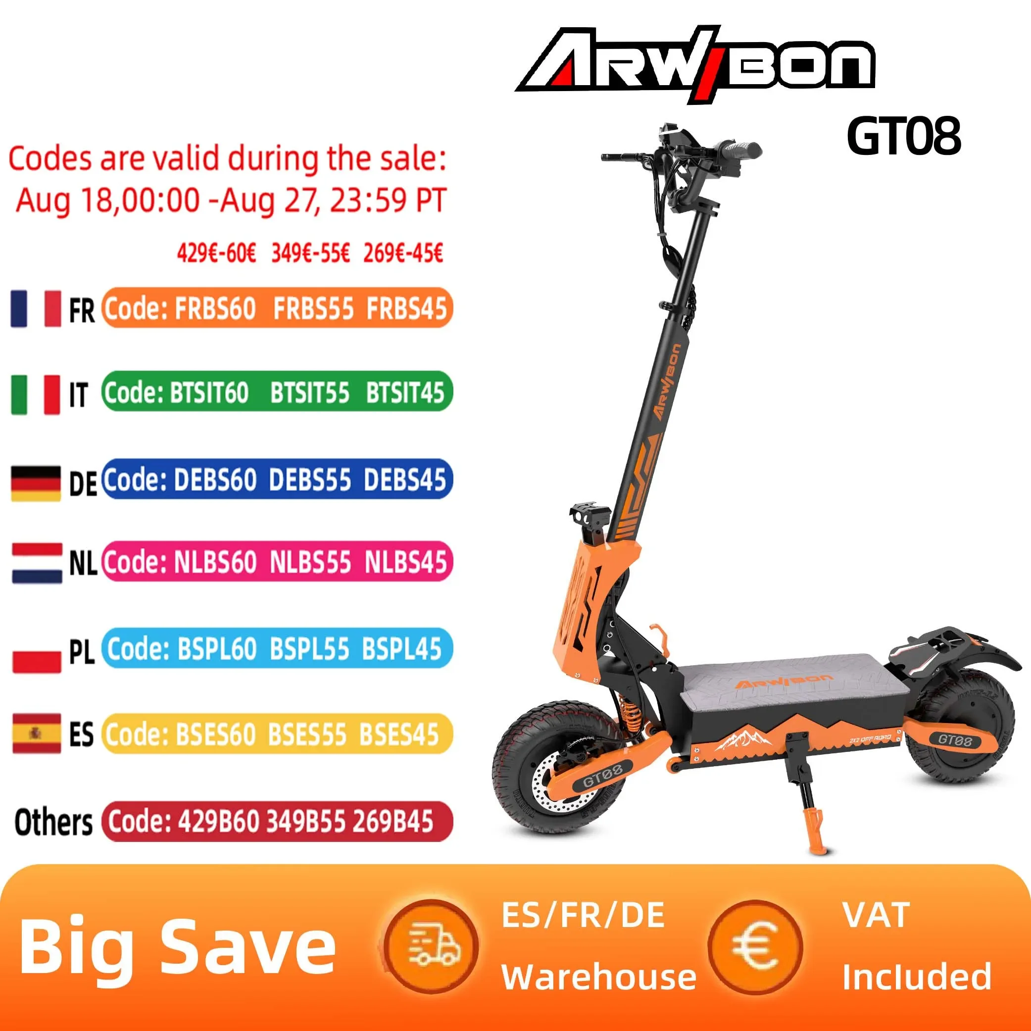 

Электрический самокат ARWIBON GT08 для взрослых, двигатель 5600 Вт, 60 В, 27 Ач, электронный самокат, 11 дюймов, вакуумные внедорожные шины, внедорожный самокат