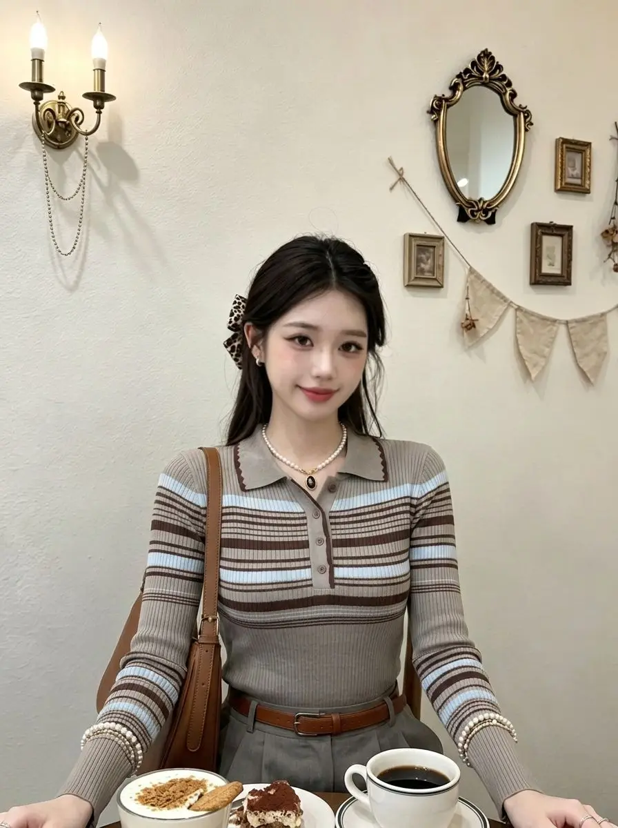 Gray Knitted  Neck Top Early Autumn Women's Fashion Gentle Atmosphere Korean Style Long Sleeve Striped Slim Fit Shirt