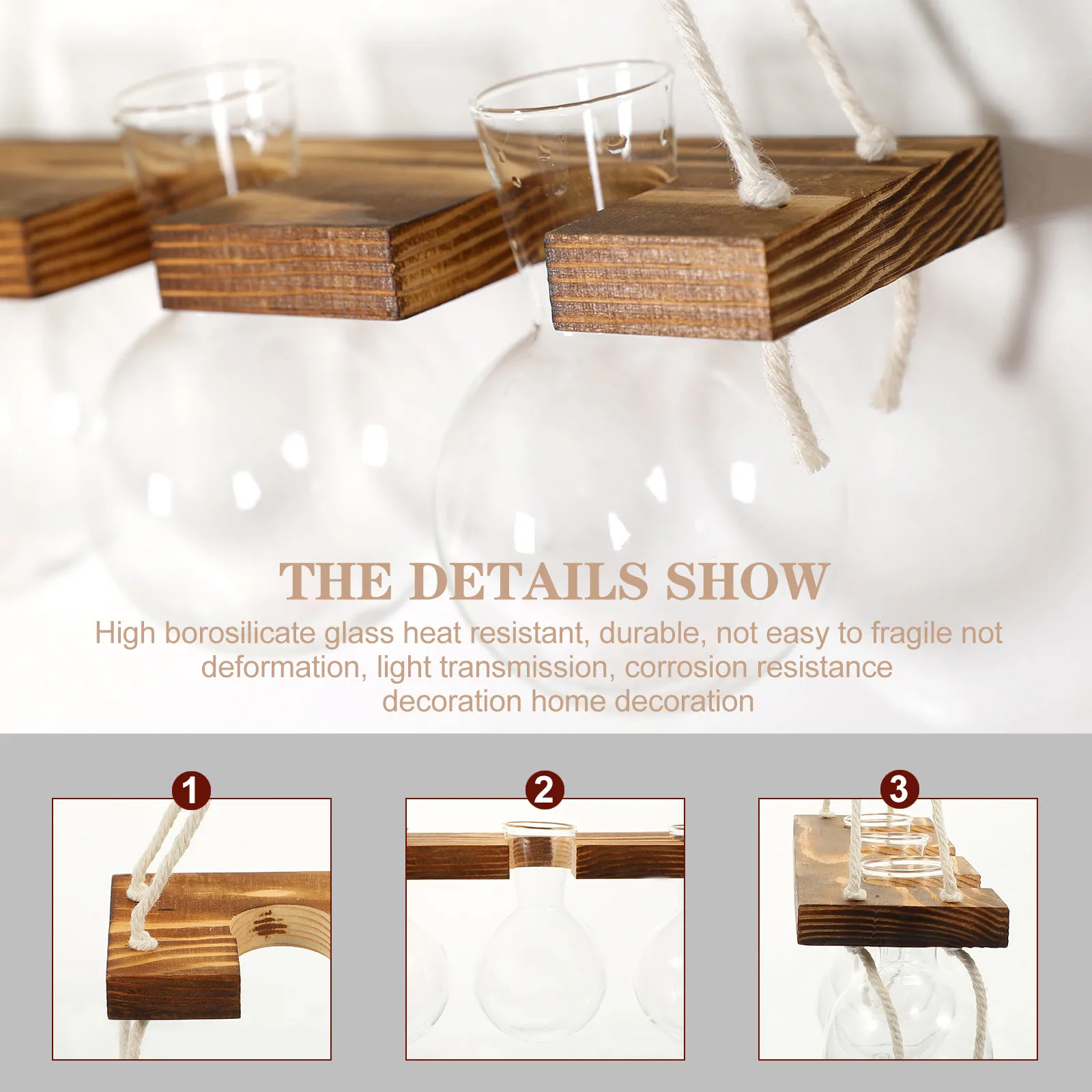 1Set Hydroponic Glass Vase Wall Hanging Planter Nordic Style Wooden Bracket Home Decor Garden Floral Holder Plant Glass Bottle