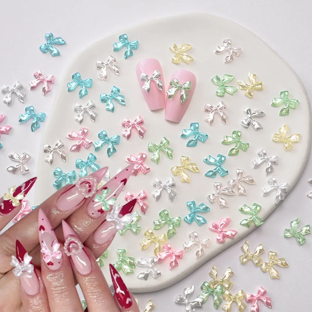 100 pçs 3d rosa fita perolada encantos de unhas kawaii resina bowknot decorações da arte do prego arco traseiro plano para diy manicure acessório