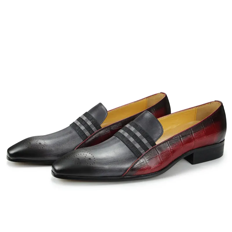 Loafer Men Fashion Cowhide Shoes Casual Gentleman Party Wedding Leather Shoes Gray Red Mixed Striped Elastic Band Footwear