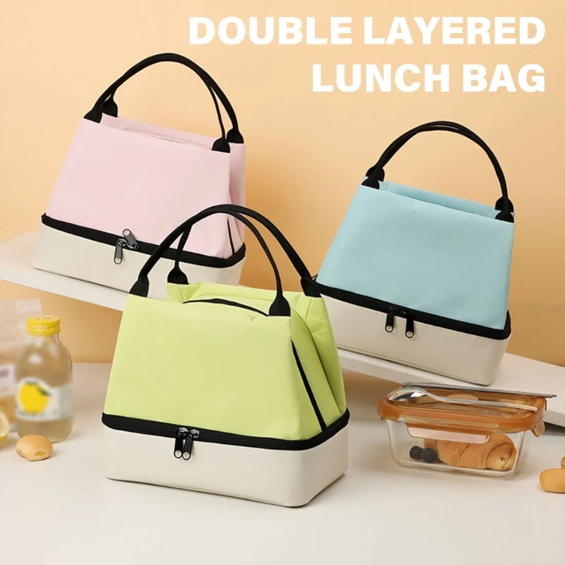 Portable Double Layer Lunch for Hot and Cold Food Separation Waterproof Handbag Food Storage Bag Office School Outdoor Use