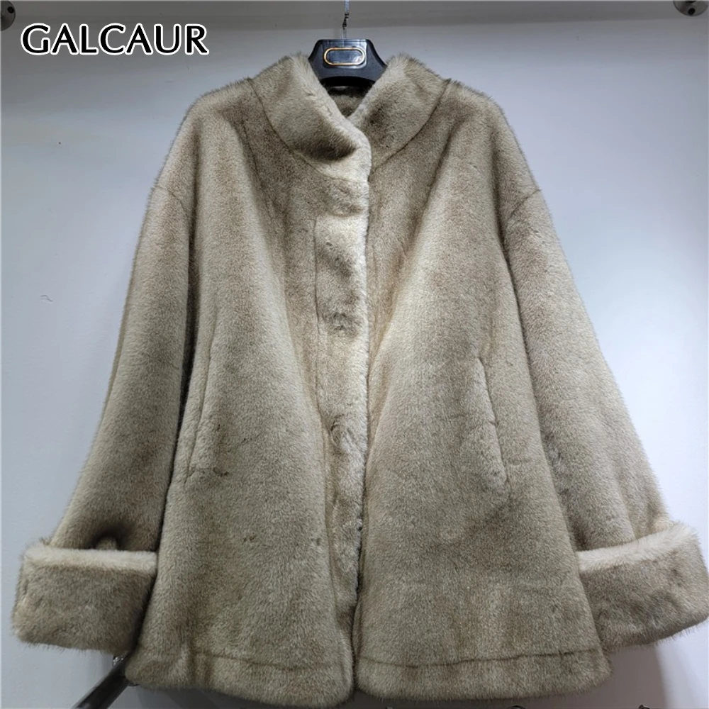 

GALCAUR Solid Spliced Fur Basics Jacket Female Stand Neck Long Sleeve Loose Minimalist Women's Jackets Autumn Style Fashion New