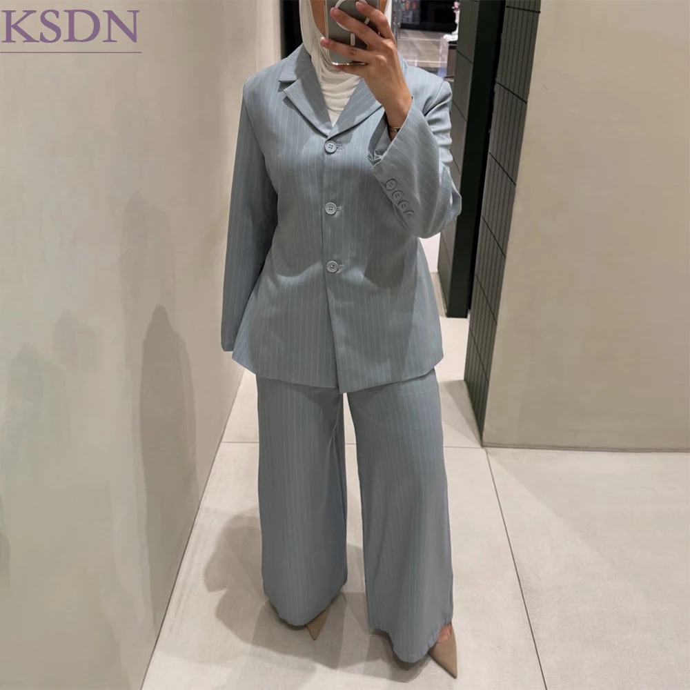 Elegant Single Breasted Dubai Women's Suits Formal Stripe 2 Piece Jacket Pants Outfits Formal Stand Lapel Female Cothing