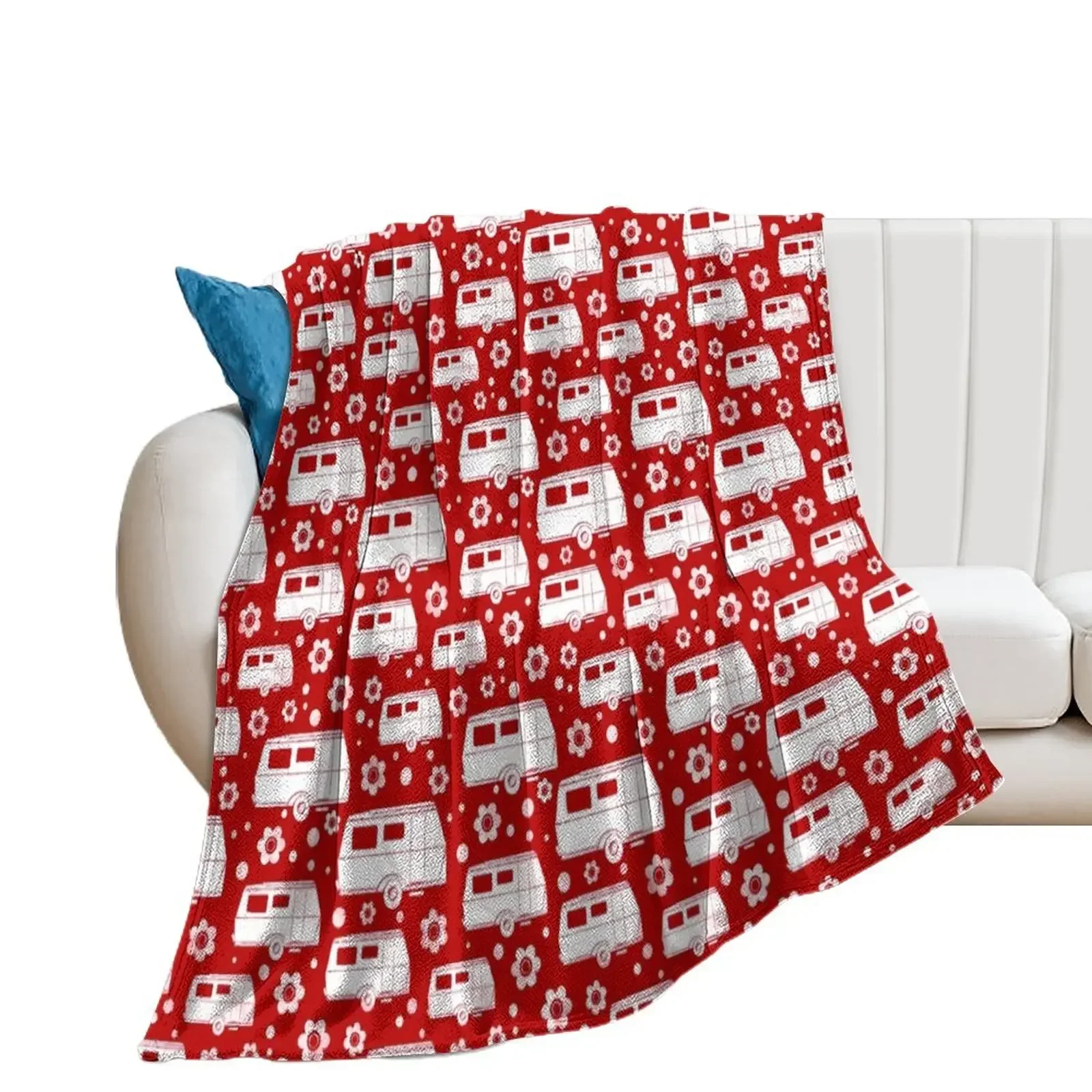 Vintage Caravan block print in red and white Throw Blanket Quilt Luxury St Loose Single Blankets