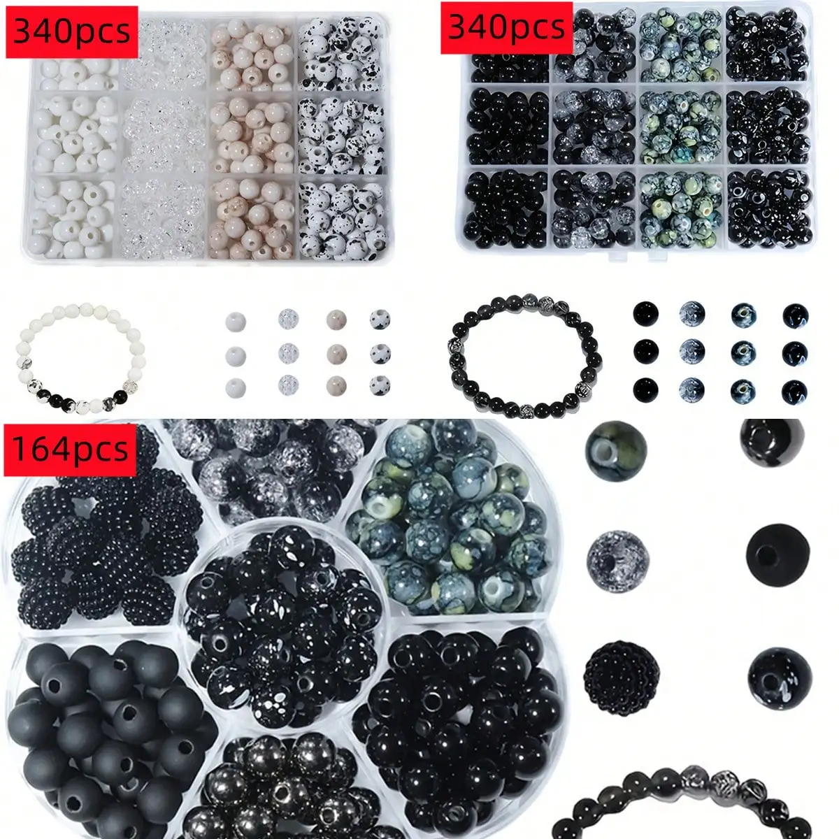 64/340pcs Black and White Acrylic 8mm DIY Production Kit, with Splatter, Dots, and Solid Colors. DIY Couple Bracelets