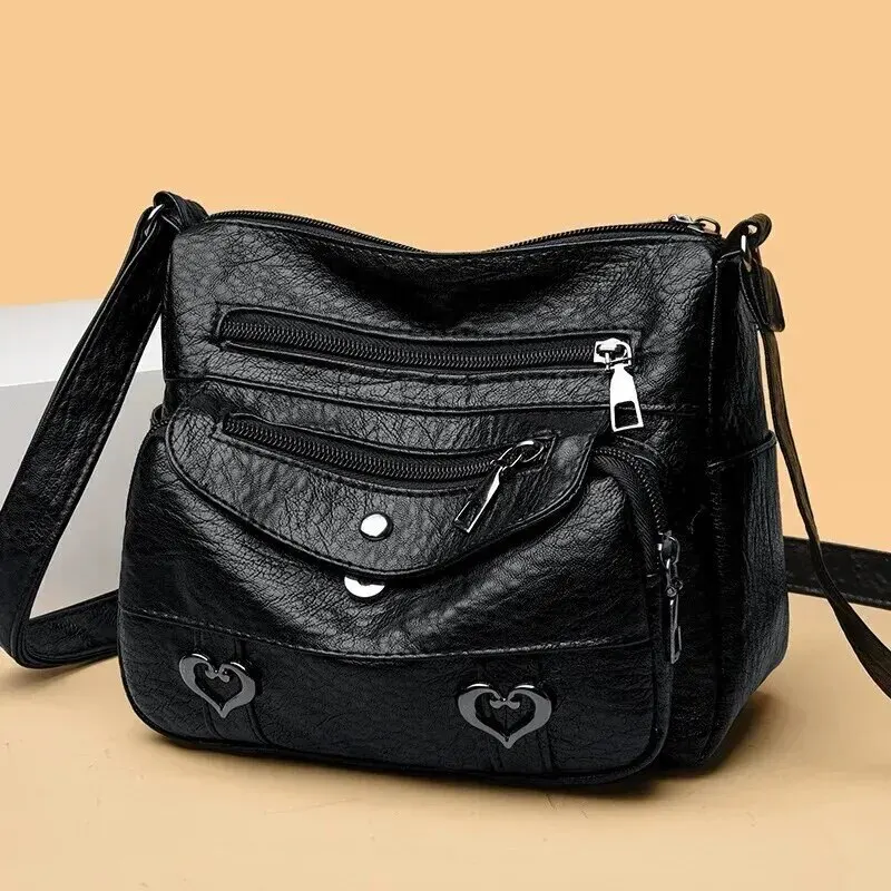 Medium Large Capacity Soft Leather Women Crossbody Bag Trendy Mom Bag Daily Match PU Material Zipper Opening Heart Element