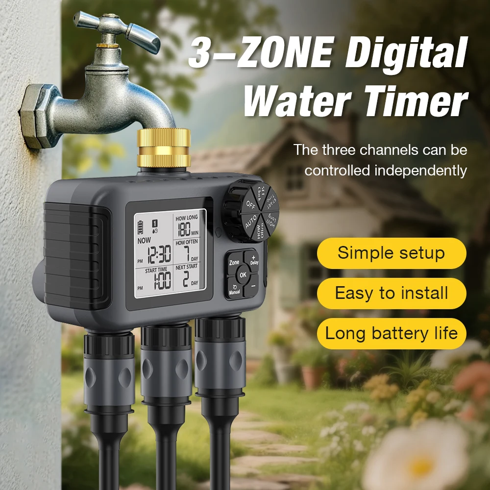 

LCD Display Irrigation Water Timer 3 Zones Programmeable Irrigation Controller Timed Water Valve Watering System for Garden