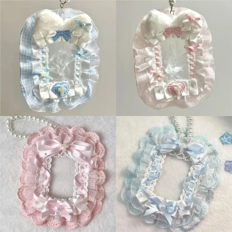 

Милый плюшевый держатель для карт своими руками с лентой, аниме-чехол для фотокарточек с кружевом, чехол-протектор для фотографий в стиле Лолита, для демонстрации фото идолов